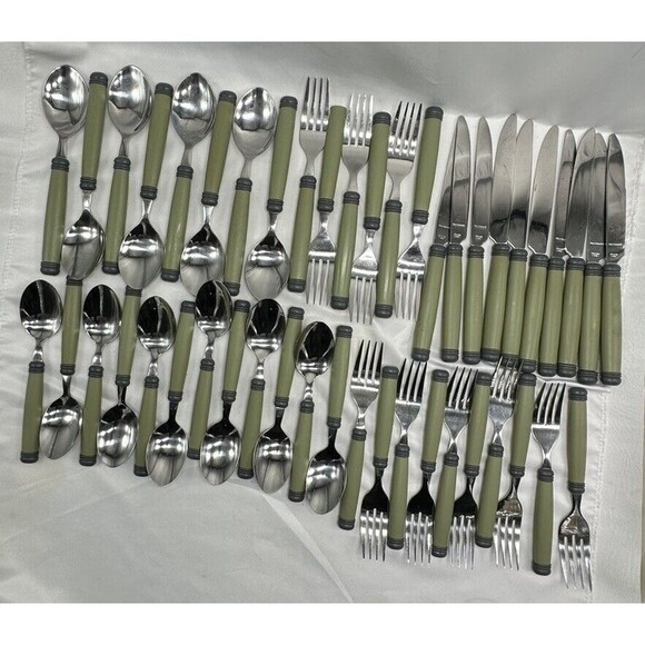 Pfaltzgraff SPHERE Stainless Plastic Charcoal Green Flatware Set Flaws 46 Pieces